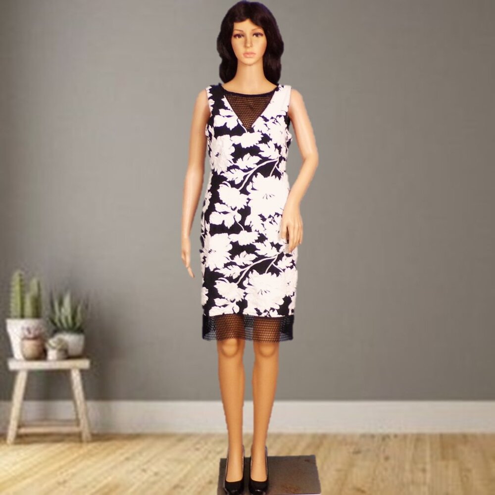 CACHÉ size 8 black/white floral sleeveless sheath dress nylon/polyester/spandex